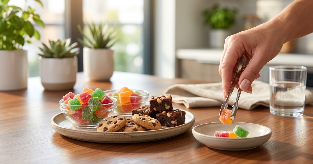 A person using tongs to select from an assortment of beginner-friendly cannabis edibles, including colorful gummies, cookies, and brownies.