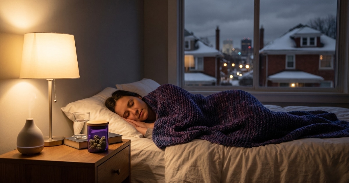 A woman sleeping peacefully in a cozy bedroom at night, representing the relaxing effects of the best cannabis strains for sleep support.