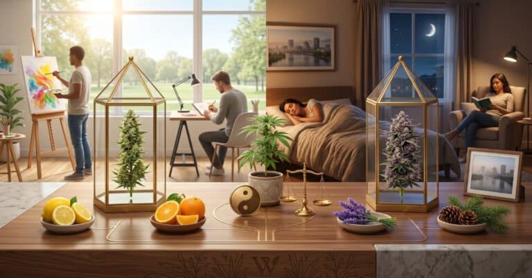 A side-by-side comparison of an energetic daytime setting and a relaxing nighttime setting, representing Sativa and Indica cannabis effects for beginners.