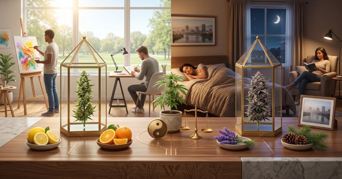 A side-by-side comparison of an energetic daytime setting and a relaxing nighttime setting, representing Sativa and Indica cannabis effects for beginners.