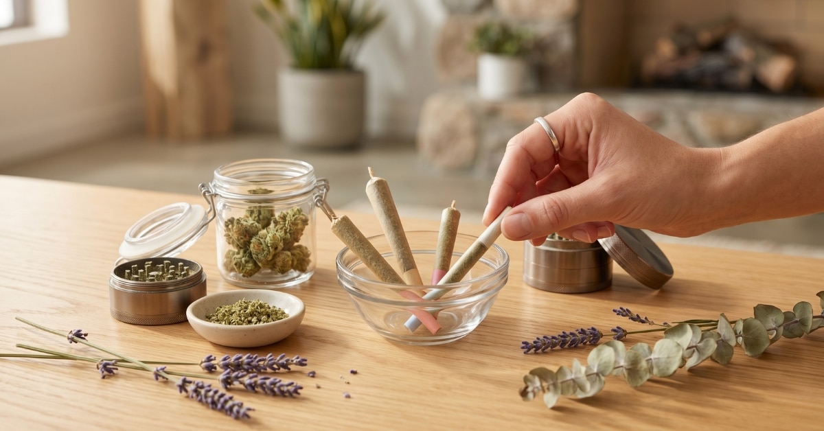 A collection of diverse pre-rolls and premium cannabis flowers in a glass bowl on a wooden table, presented by a hand in a modern wellness dispensary. Ideal for beginner users.