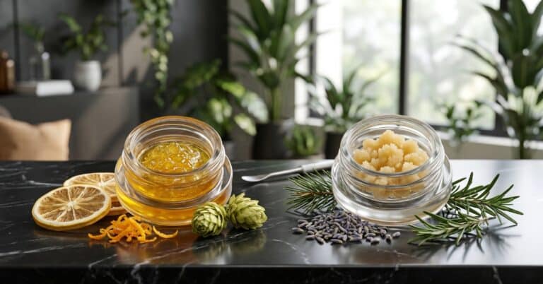 A photorealistic comparison of two types of cannabis concentrates (live resin and sugar wax) in glass jars, each surrounded by natural ingredients (lemons, lavender, pine, hops) that represent their specific terpene profiles and aromatic characteristics.