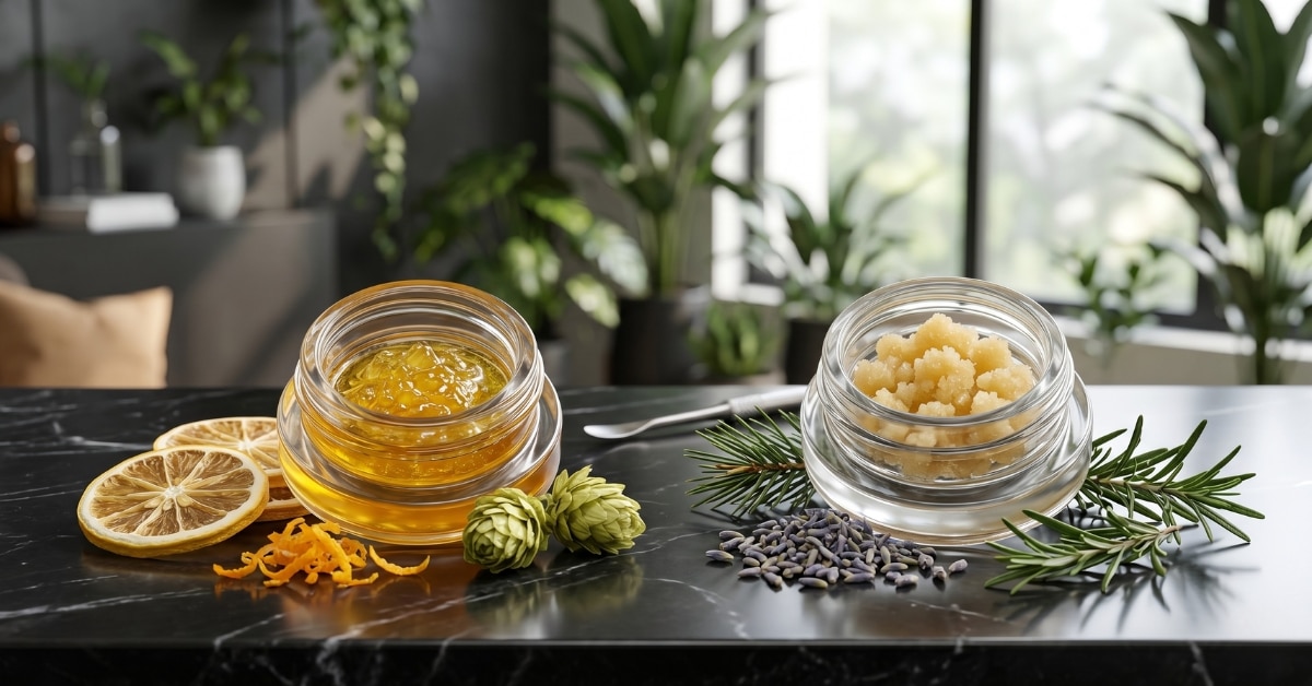 A photorealistic comparison of two types of cannabis concentrates (live resin and sugar wax) in glass jars, each surrounded by natural ingredients (lemons, lavender, pine, hops) that represent their specific terpene profiles and aromatic characteristics.