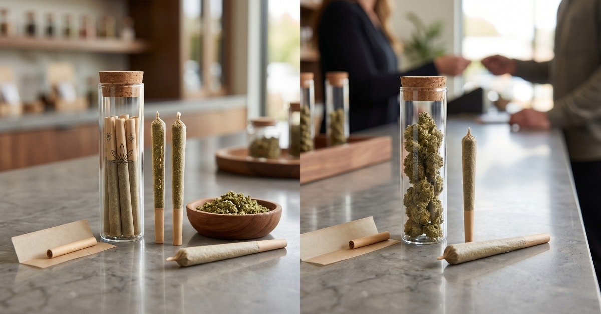 A side-by-side visual comparison of professionally manufactured cannabis pre-rolls in a glass vial and a hand-rolled joint with rolling papers, displayed on a slate counter at a Rochester dispensary.