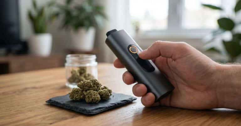 A realistic close-up photo of a hand holding a sleek dry herb vaporizer on a wooden table. A person is loading cannabis flower into the chamber, and the device’s LED indicator light is glowing, illustrating the process of temperature control for vaping optimization.