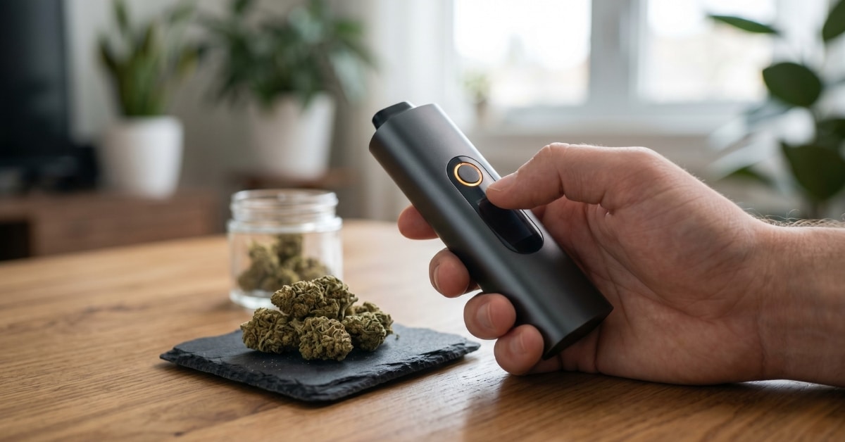 A realistic close-up photo of a hand holding a sleek dry herb vaporizer on a wooden table. A person is loading cannabis flower into the chamber, and the device’s LED indicator light is glowing, illustrating the process of temperature control for vaping optimization.