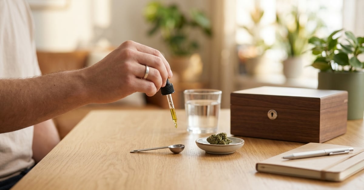 Close-up realistic photo of hands carefully measuring a cannabis dosage drop with a glass dropper over a spoon, symbolizing safer and responsible consumption practices.